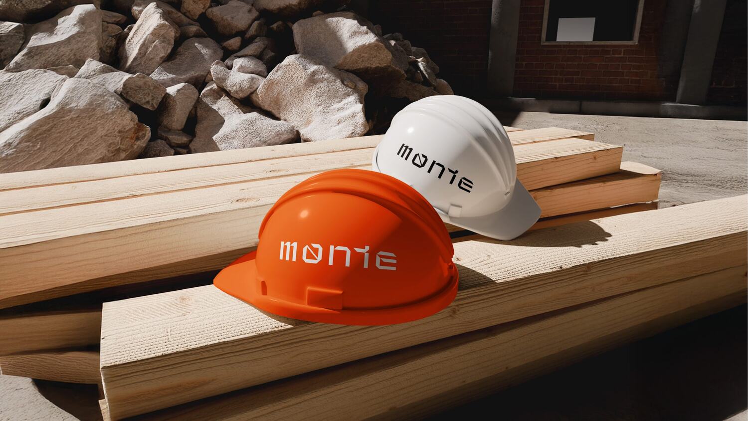 Capacetes laranja e branco com a marca Monte